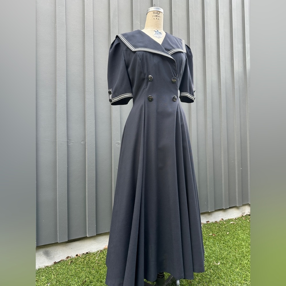 Vintage 1980s “American Design” Black Sailor Fuku Collar Short Sleeve Maxi Dress - Picture 15 of 15